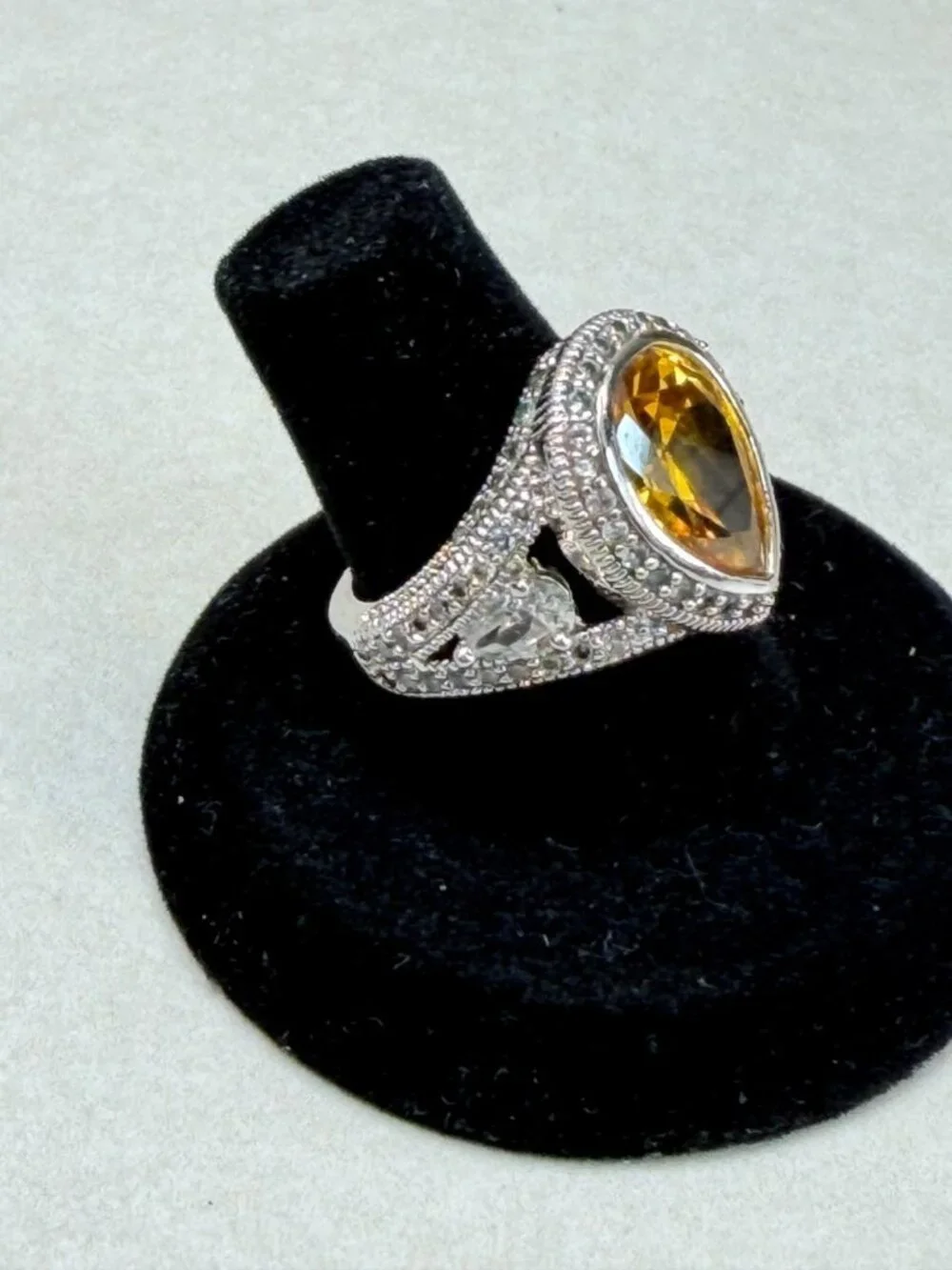 Silver Tone Citrine Glass Cocktail Ring Statement Vintage Style